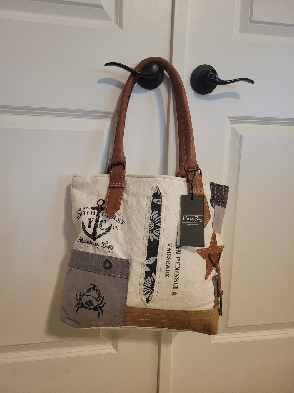 Myra Bag Canvas Tote with Brown Handles and Cream Body